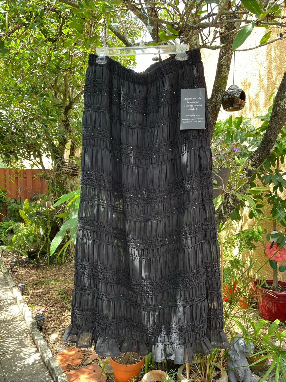 NWT Endless Rose Black Smocked Tiered Maxi Skirt with Ruffled Hem, size L